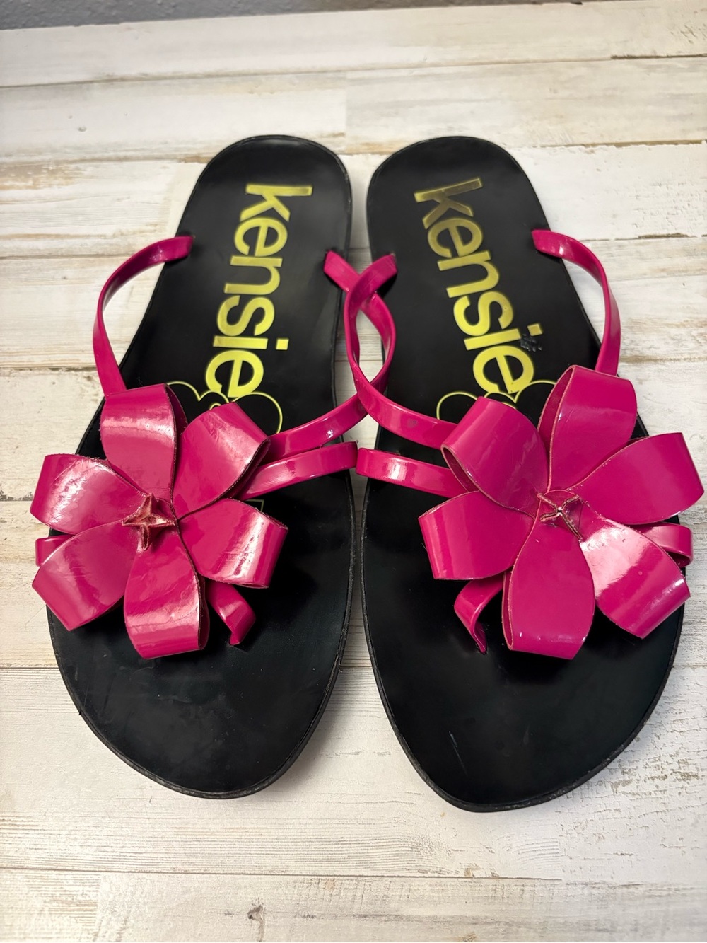 Kensie Black Slip-On Sandals with Bright Pink Floral Accent
